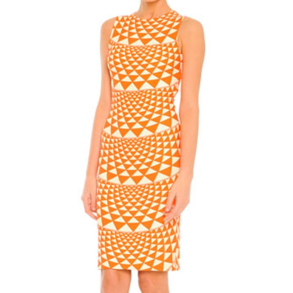 Fausto Puglisi Jewel-Neck Orange and Cream Geometric-Print Dress EUC Size 4 NWT